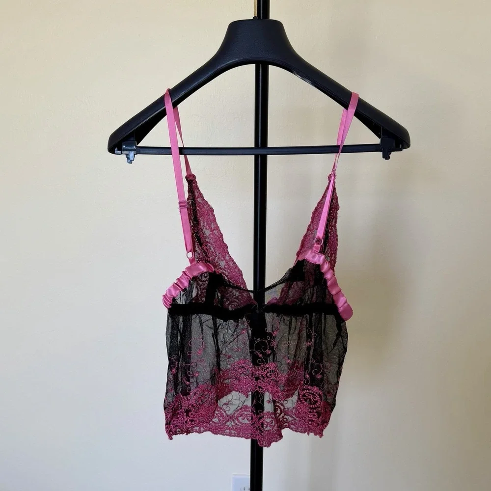 Fredericks of Hollywood Vintage Lingerie Top Sm/Med Pink Black Mesh Babydoll‎